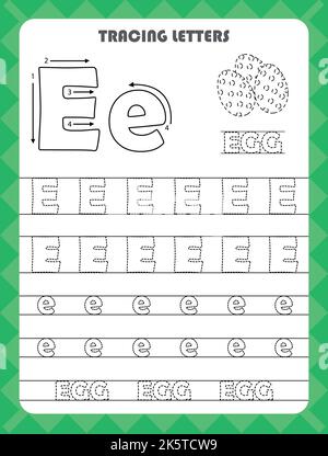 Traccia le lettere dell'alfabeto inglese e riempi i colori maiuscola e minuscola E. pratica di scrittura per i bambini del prescolare foglio di lavoro. Illustrazione Vettoriale