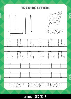 Traccia le lettere dell'alfabeto inglese e riempi i colori maiuscola e minuscola L. pratica di scrittura per i bambini del prescolare foglio di lavoro. Illustrazione Vettoriale