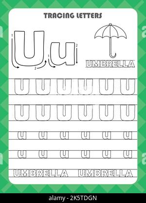 Traccia le lettere dell'alfabeto inglese e riempi i colori maiuscoli e minuscoli U. pratica di scrittura manuale per i bambini del prescolare foglio di lavoro. Illustrazione Vettoriale