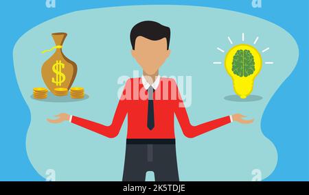 Abilità e soldi fanno o controllano il concetto di decisione, l'uomo d'affari ha abilità e soldi scelgono la vostra illustrazione di vettore di decisione Illustrazione Vettoriale