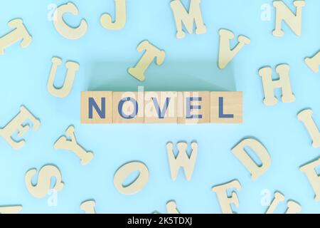 Forma narrativa del romanzo in concetto di letteratura inglese. Blocchi di legno tipografia parola piatta giaceva su sfondo blu. Foto Stock