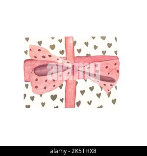 Scatola regalo bianca con illustrazione di acquerello dei cuori del nastro rosa. Immagini di alta qualità per l'uso in design, arredamento, tessuti, stampe, tessuti, auto Foto Stock