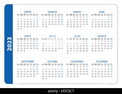 Calendario tascabile su 2023 anno, spagnolo. Calendario orizzontale blu. La settimana inizia dal lunedì. Modello vettoriale per le aziende. Illustrazione Vettoriale