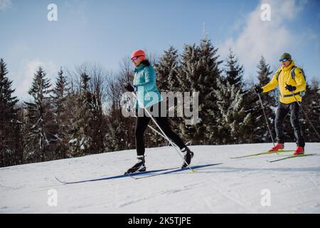 Coppia anziana sciare insieme nel mezzo della foresta Foto Stock