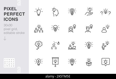 Set di icone linea idea creativa. Lampadina elettrica, presentazione brainstorming, formazione, illustrazione vettoriale minima della soluzione. Semplice simbolo di contorno per Illustrazione Vettoriale