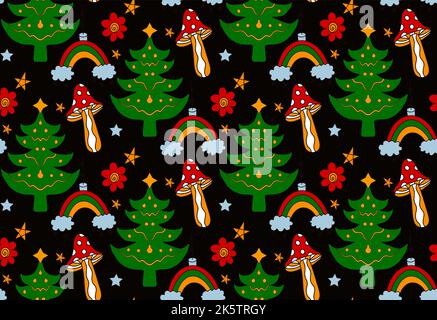 Buon Natale Groove modello senza cuciture modello 70s. Hippie psichedelico sfondo texture infinito Illustrazione Vettoriale