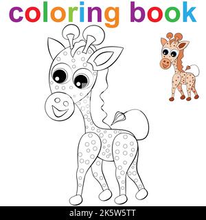 Modello pagina libro da colorare con giraffa, per bambini .Vector Illustration EPS 10. Illustrazione Vettoriale