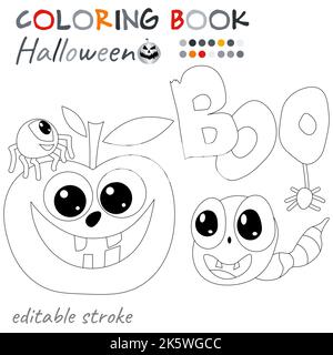 Halloween felice. Mela carina con ragno e verme. Pagina da colorare di Halloween. Cartoni animati fantasy in bianco e nero per colorare il libro. Illustrazione Vettoriale