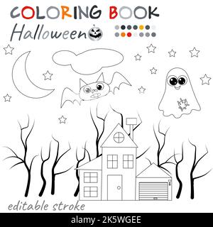 Halloween felice. Casa, alberi, fantasmi e pipistrelli. Pagina da colorare di Halloween. Cartoni animati fantasy in bianco e nero per colorare il libro. Illustrazione Vettoriale