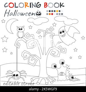 Halloween felice. Fantasma, gufo, albero, ragno e mostro. Pagina da colorare di Halloween. Cartoni animati fantasy in bianco e nero per colorare il libro. Illustrazione Vettoriale