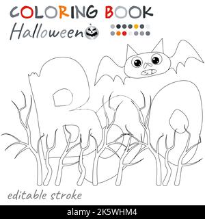 Halloween felice. Alberi, stelle, un pipistrello e l'iscrizione Boo.Halloween colorazione pagina. Cartoni animati fantasy in bianco e nero per colorare il libro. Illustrazione Vettoriale