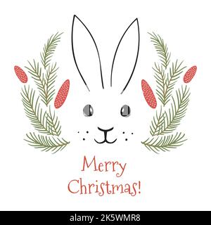 Coniglio in ramo di abete. Bunny faccia natale vettore illustrazione. Ritratto di coniglio Illustrazione Vettoriale