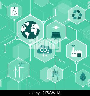Ecologia, sostenibilità e tutela dell'ambiente, background concettuale astratto con icone in una rete Illustrazione Vettoriale