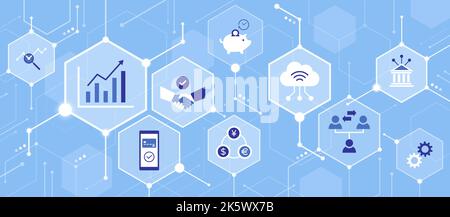 Finanza digitale, online banking e business innovativo, sfondo astratto con icone in una rete Illustrazione Vettoriale