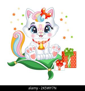 Cute bianco gattino magico su un cuscino con regali di natale. Personaggio dei cartoni animati. Illustrazione con isolamento vettoriale. Per stampa, design, poster, biglietti, adesivi Illustrazione Vettoriale