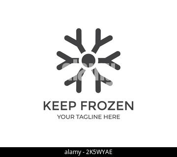 Tenere congelati, surgelati, prodotti congelati, imballaggio del logo. Adesivo con fiocco di neve e termometro. Conservazione in frigorifero e congelatore vettore. Illustrazione Vettoriale
