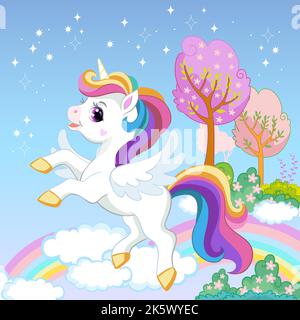 Unicorno carino magico con criniera arcobaleno e coda nel cielo. Bambini sfondo cartone animato. Illustrazione vettoriale. Per stampa, design, poster, biglietti, adesivi Illustrazione Vettoriale