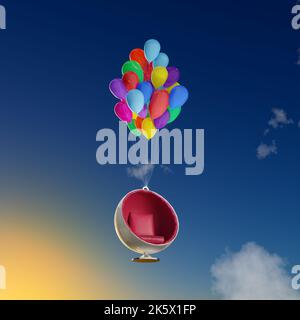 Sedia a sfera Flying in the Air con palloncini di elio - 3D Illustrazione Render Foto Stock