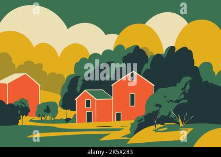 Il terreno agricolo modificabile in stile cartoon con case e alberi con sfondo paesaggio ondulato Illustrazione Vettoriale