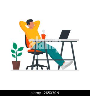 Uomo creativo seduto alla scrivania e facendo una pausa, si rilassa con le mani dietro la testa, isolato su sfondo bianco Illustrazione Vettoriale