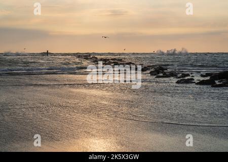 All'alba, le grandi onde si alzano sulla spiaggia. Bianco schiumoso onde e spruzzi. Una calda giornata estiva e alta onda, stagcape.Italy Foto Stock