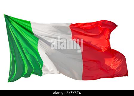 Bandiera Italiana che fluttua nel vento. Verde, Bianco, Rosso sono italiani i colori nazionali (isolato su sfondo bianco) Foto Stock