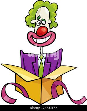 Illustrazione del cartone animato di clown divertente che esce dalla scatola Illustrazione Vettoriale