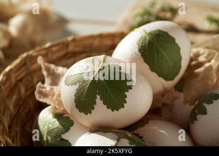 Particolare di uova di Pasqua crude con erbe ad esse attaccate con calze vecchie, pronte per essere tinte con bucce di cipolla Foto Stock