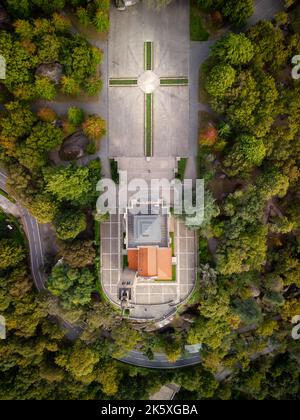 Santuario di Penha visto dall'alto. Vista aerea del Santuario di Penha a Guimarães, Portogallo Foto Stock