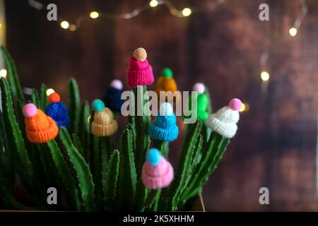 Cappelli decorativi in lana multicolore con pomposi sono indossati sui gambi di un cactus vivo in una pentola a casa. Divertente e creativo. Concetto invernale. Foto Stock