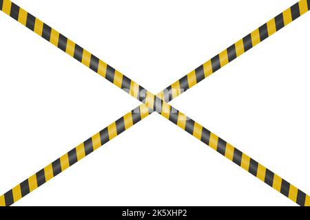 Avviso Vector nero e giallo, nastro di arresto pericolo isolato su sfondo orizzontale bianco. Pericolo incrociato, cartello con nastro di attenzione, scherma, avvertenza Illustrazione Vettoriale