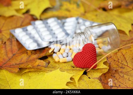 Cuore rosso lavorato a maglia e pillole su foglie di acero autunno, fuoco selettivo. Ipertensione, malattie cardiache, cardiologia e rilassante naturale Foto Stock