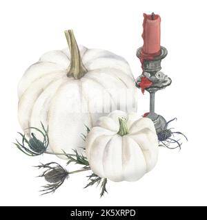 Composizione di elementi acquerelli sul tema di Halloween in stile boho. Fiori di candela, zucca e cardo disegnati a mano in acquerello per creare hol Foto Stock