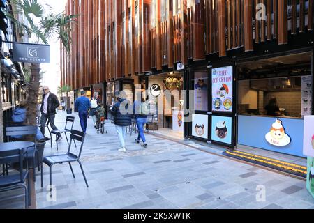 Sole autunnale su Hawley Wharf, restaurato come una destinazione per lo shopping, i ristoranti e i ristoranti sul canale, che si estende da Camden Market a Kentish Town Rd Foto Stock