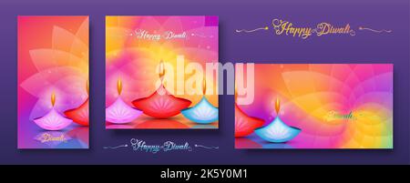 Set carta colorata, Happy Diwali Festival of Lights India Celebration. Banner grafico di Indian Lotus Diya Oil Lamps, Modern Colors Design Illustrazione Vettoriale