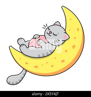 Il gatto grigio dorme sulla luna. Cielo stelle e nuvole. Stampa per bambini. Illustrazione vettoriale Illustrazione Vettoriale