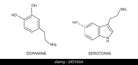 Icone di composti dopaminergici e serotoninergici. Happy or Feel buona ormoni chimica struttura molecolare isolato su sfondo bianco. Illustrazione grafica vettoriale Illustrazione Vettoriale