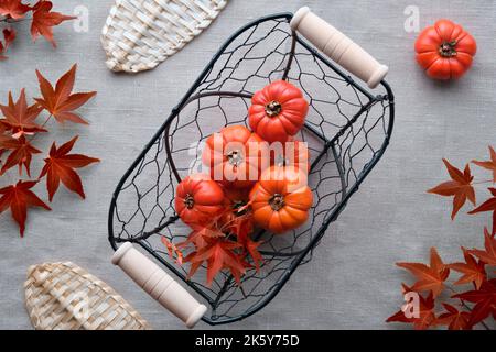 Autunno, autunno zucche decorative in metallo cestello con foglie di paglia e rametti di acero rosso. Foto Stock