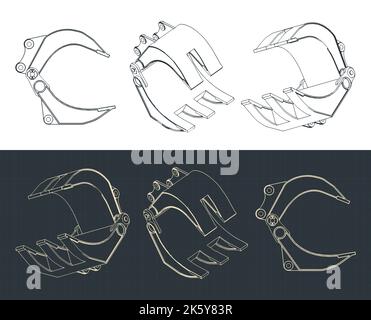 Illustrazione vettoriale stilizzata dei modelli della pala caricatrice a trattore Illustrazione Vettoriale