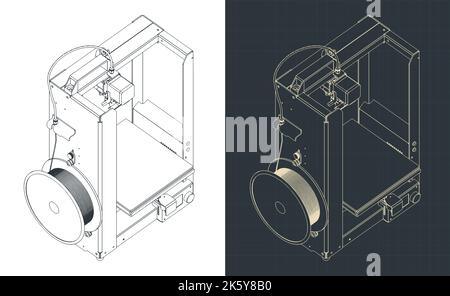 Illustrazioni vettoriali stilizzate di progetti isometrici della stampante 3D Illustrazione Vettoriale