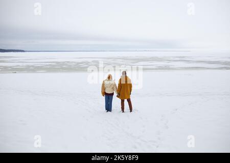 Ripresa grandangolare di giovani coppie in piedi dal mare ghiacciato e con vista sul paesaggio invernale minimo, spazio copia Foto Stock