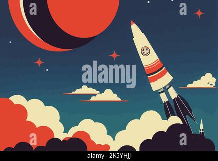 Un razzo spaziale con le nuvole e un pianeta sul cielo blu notte Illustrazione Vettoriale