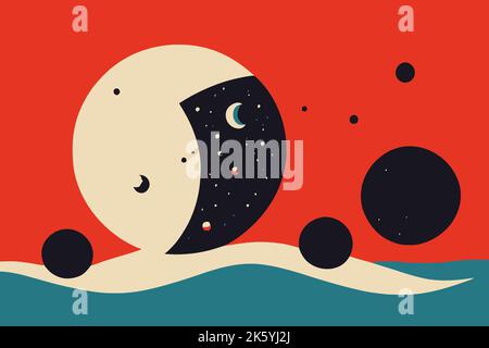 Un paesaggio con la luna su sfondo rosso e blu Illustrazione Vettoriale