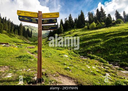 Turismo Signpostin montagne di Almaty nel parco nazionale Ile Alatau. Sviluppo del turismo in Kazakistan Foto Stock