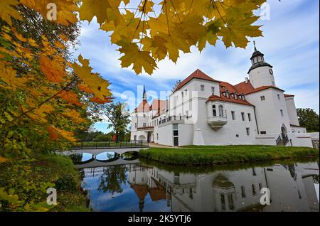 10 ottobre 2022, Brandeburgo, Fürstlich Drehna: Atmosfera autunnale al castello ormeggiato Fürstlich Drehna. Le origini del sito del castello risalgono ad un complesso di castelli slavi. Dal 14th ° secolo, l'edificio rinascimentale è stata la sede della bassa signoria lusaziana di Drehna. Il castello, il parco del castello e un padiglione, nonché la casa padronale e l'edificio ufficiale sono elencati come monumenti architettonici nella lista dei monumenti dello stato di Brandeburgo. Oggi, lo Schlosshotel Fürstlich Drehna è l'inquilino dell'edificio. Foto: Patrick Pleul/dpa Foto Stock