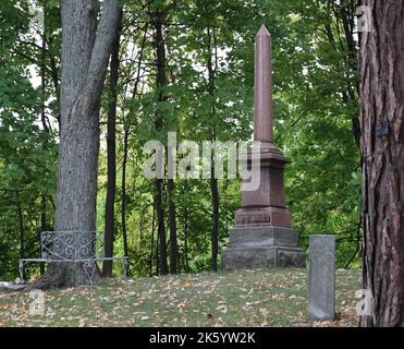 Un grande obelisco e una piccola lapide si trovano sulla cima di una collina, circondata da grandi alberi. Foglie autunnali sul terreno. Tranquillo e contemplativo Foto Stock