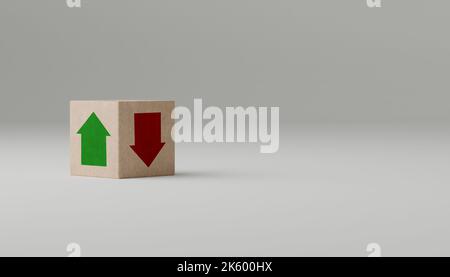 Tendenze in aumento e in calo. Cubo di legno con freccia verde e rossa. Ricerca delle decisioni. Strategia per gli investitori per determinare la possibilità di recuperare dopo r Foto Stock