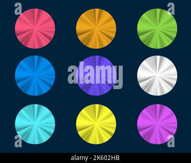 Set di gradienti radiali in metallo multicolore. Adesivi rotondi in lamina. Etichette lucide circolari. Vettore Illustrazione Vettoriale