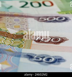 Primo piano in denaro russo, ruble banconote dalla Russia Foto Stock