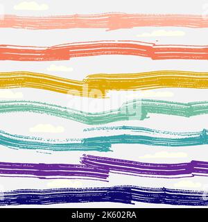 Motivo a strisce diagonali senza giunture Rainbow, illustrazione vettoriale. Motivo senza cuciture con linee colorate pastello ruvide. Dorso geometrico arcobaleno pastello per bambini Illustrazione Vettoriale